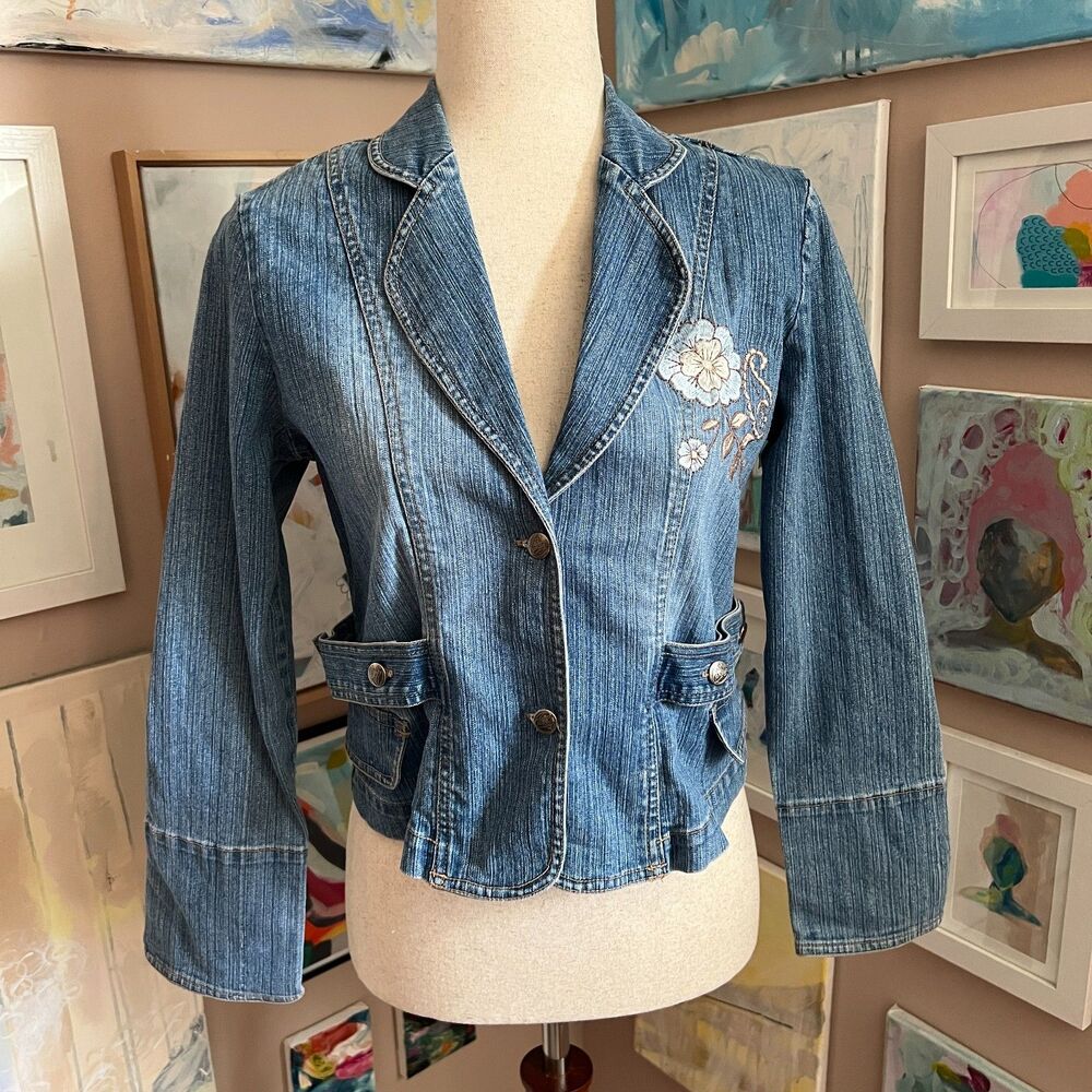Vintage Candie's Embroidered Denim Blazer Jacket y2k Floral Preppy Mallcore XL